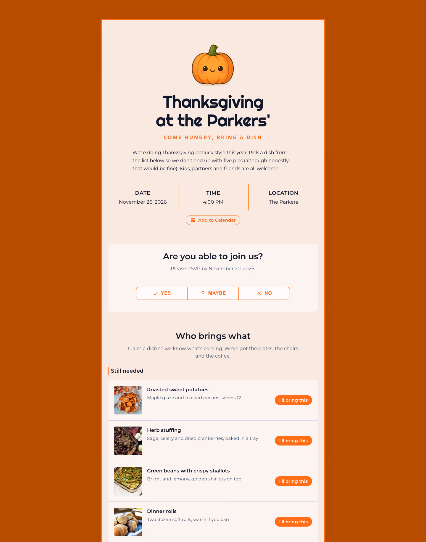 The "Thanksgiving at the Parkers'" invite on a laptop: a pumpkin at the top, Thursday 26 November at 4 PM, an RSVP box, and a "Who brings what" list with photos of roasted sweet potatoes, herb stuffing, green beans and dinner rolls, each with a button to claim it