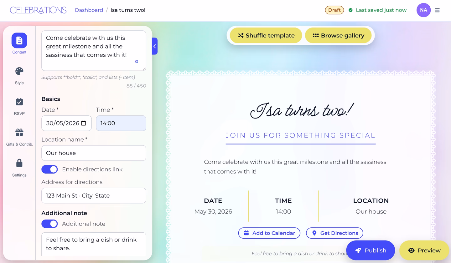 Editor with the Content tab open showing event title, date, and message fields, with a live invite preview on the right