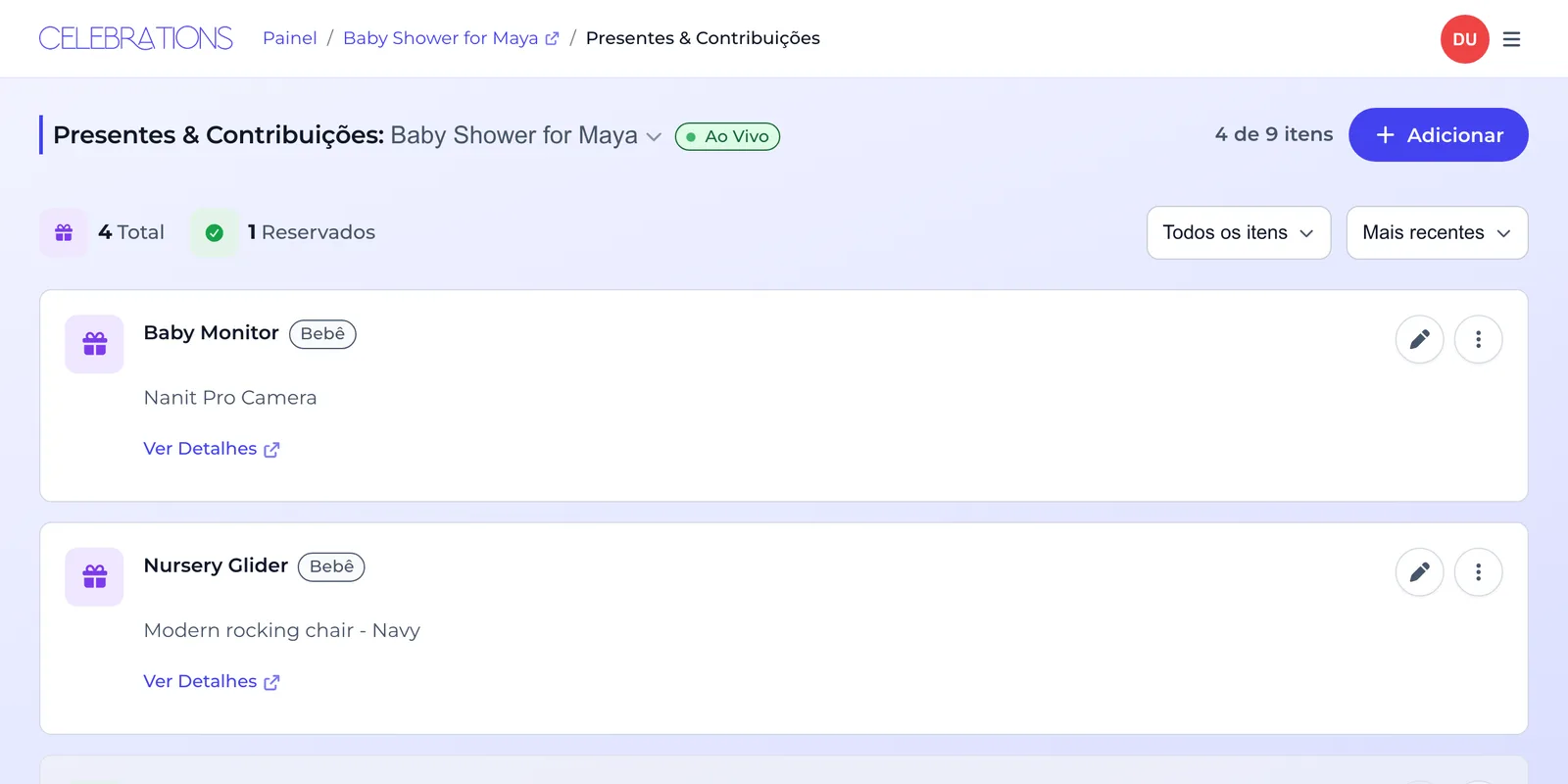 A lista de presentes no computador, com o botão Adicionar no canto superior direito