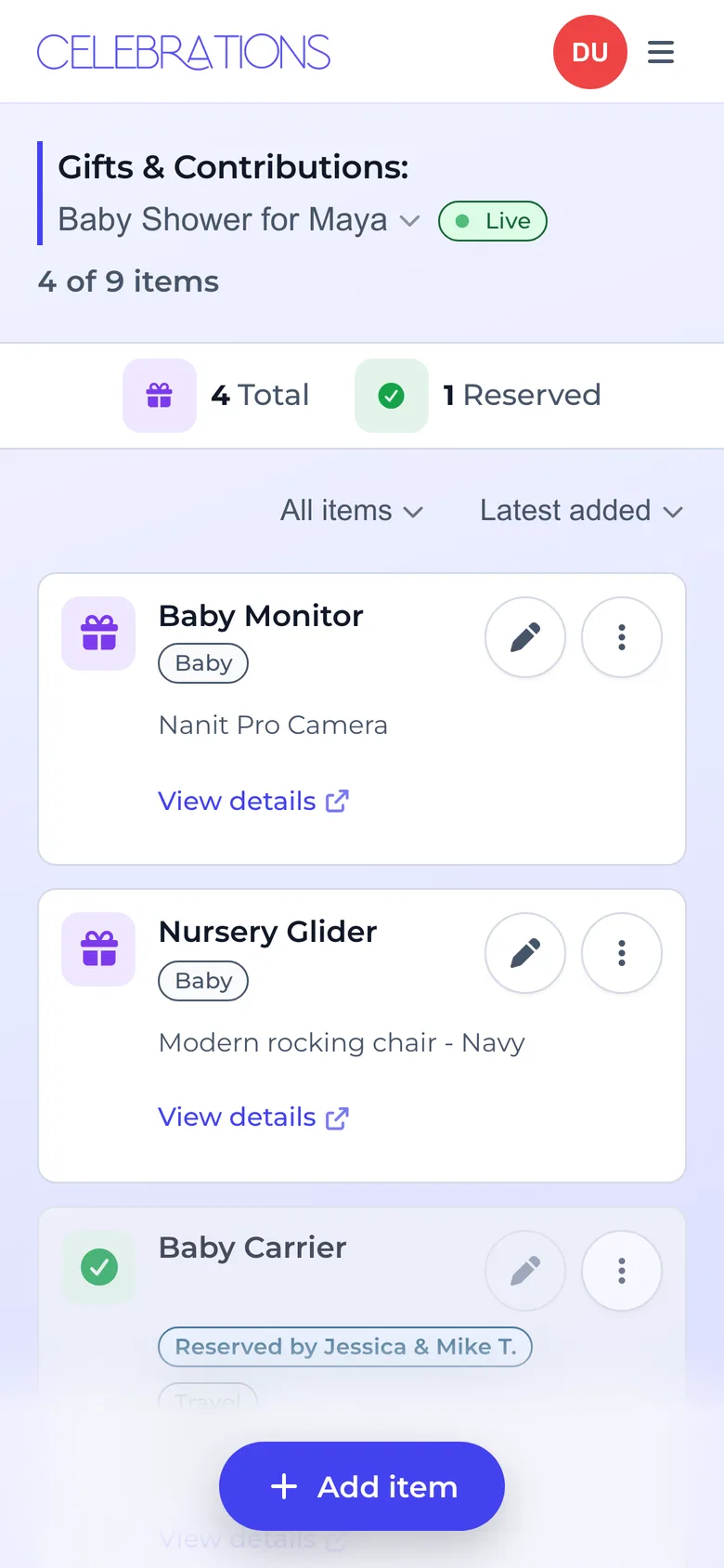 The gift list on a phone, with the Add item button floating at the bottom