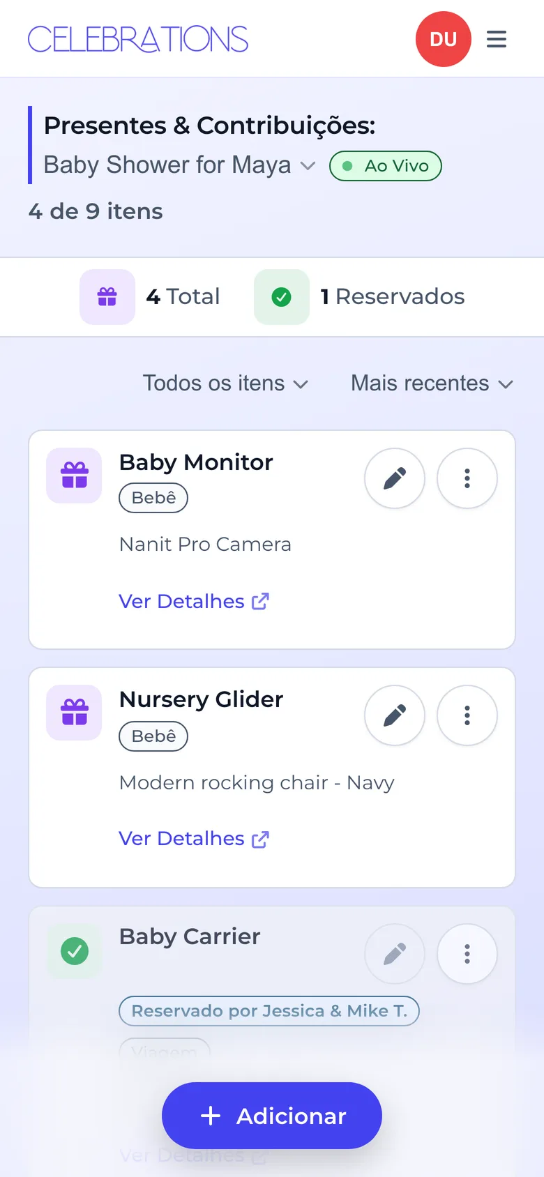 A lista de presentes no celular, com o botão Adicionar flutuando na parte de baixo