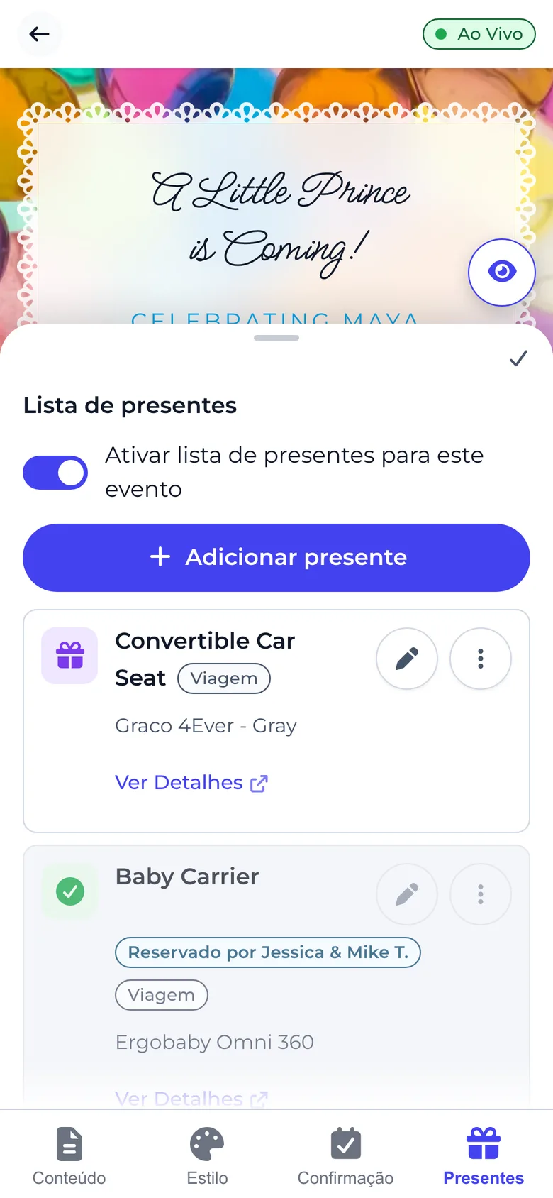 O editor no celular com a aba Presentes aberta e o botão Adicionar presente acima da lista